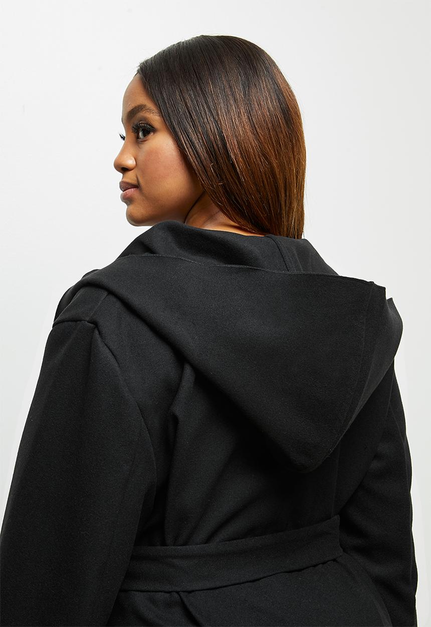 edit Plus - Hooded belted coat - black