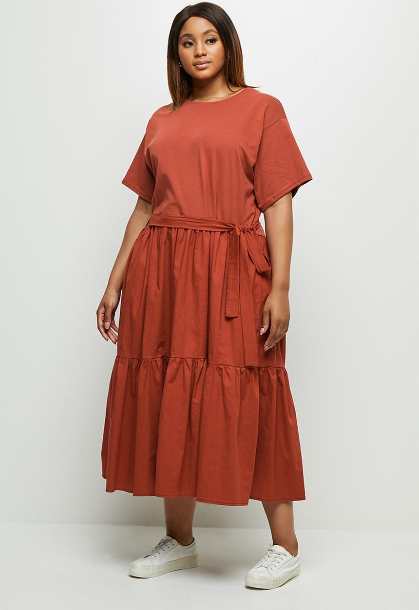 edit Plus - Tiered belted combo dress - tobacco