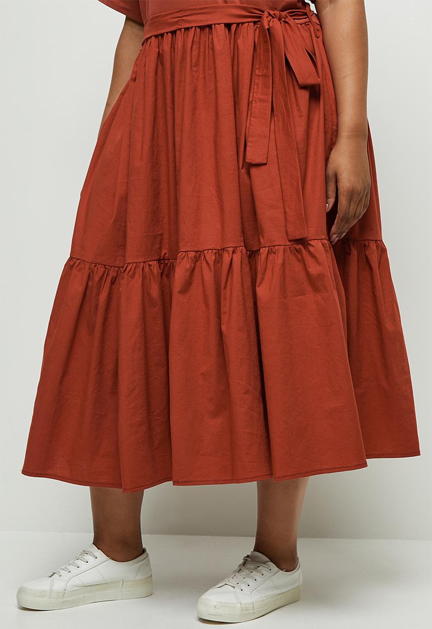 edit Plus - Tiered belted combo dress - tobacco