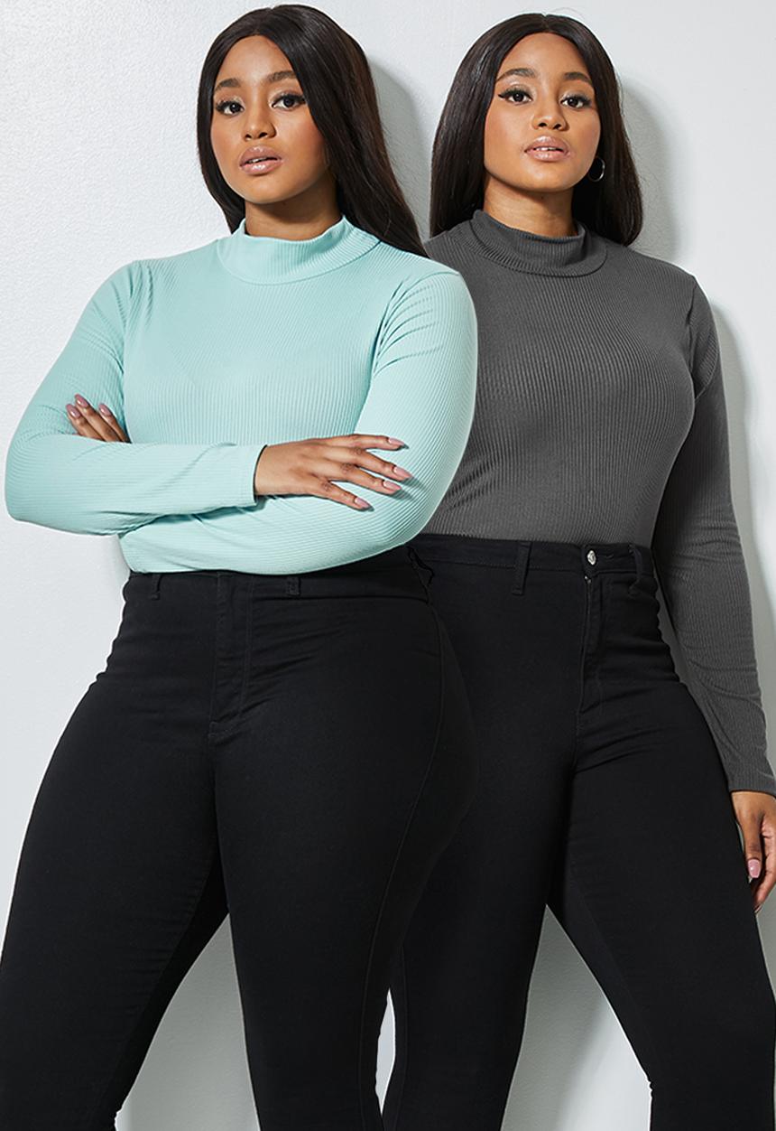 Superbalist - 2 Pack funnel neck rib bodysuits - grey & aqua
