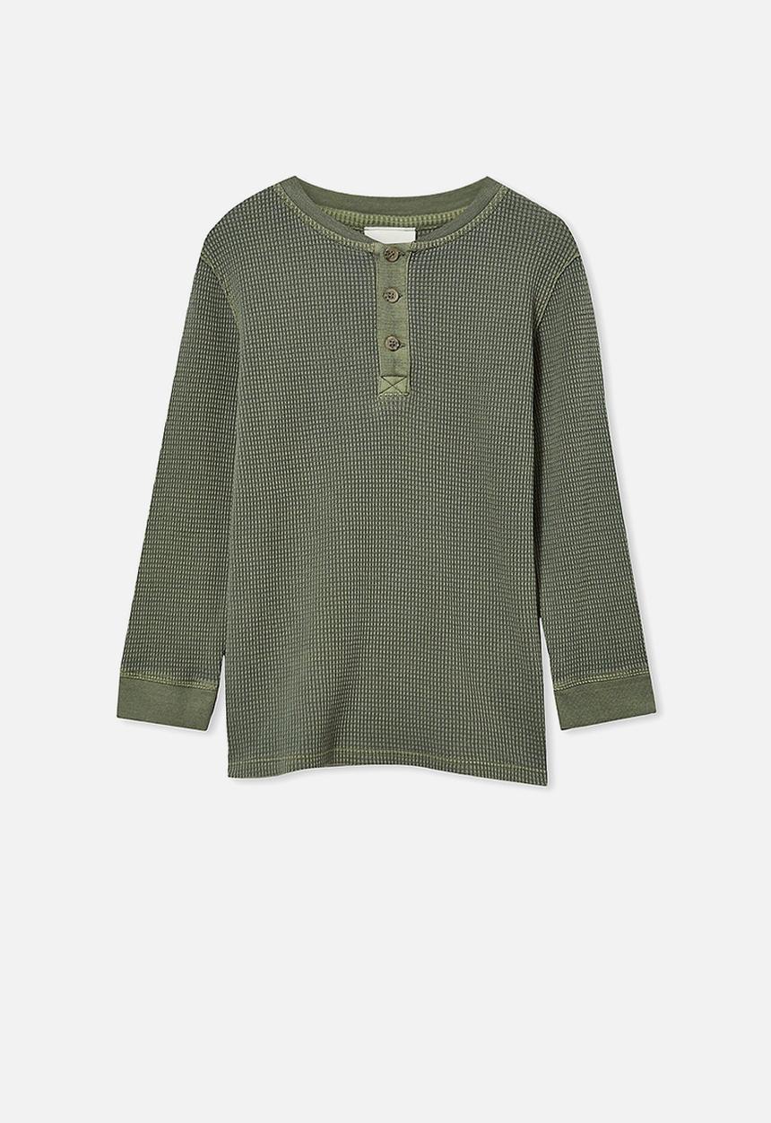 Cotton On - Owen long sleeve waffle tee - olive