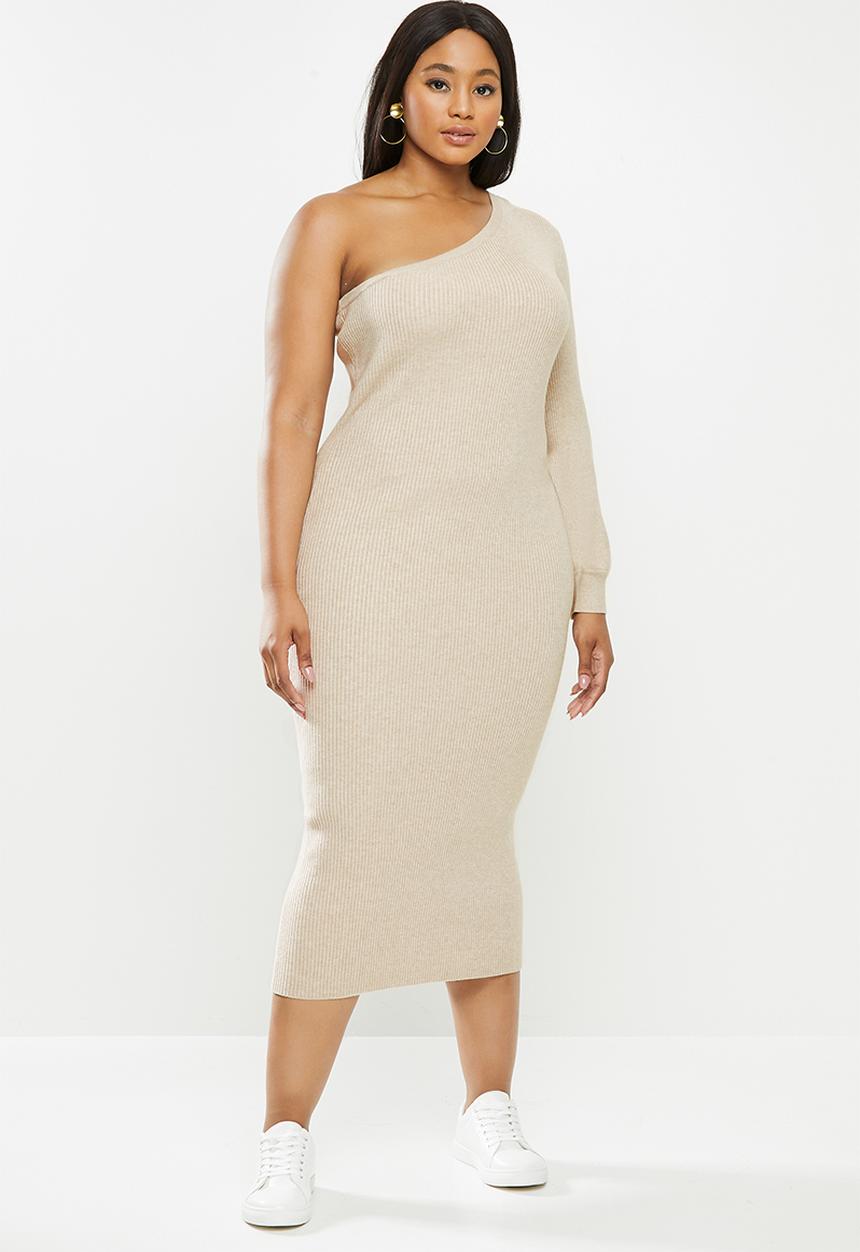 Glamorous - Plus once shoulder midi knit dress- cream