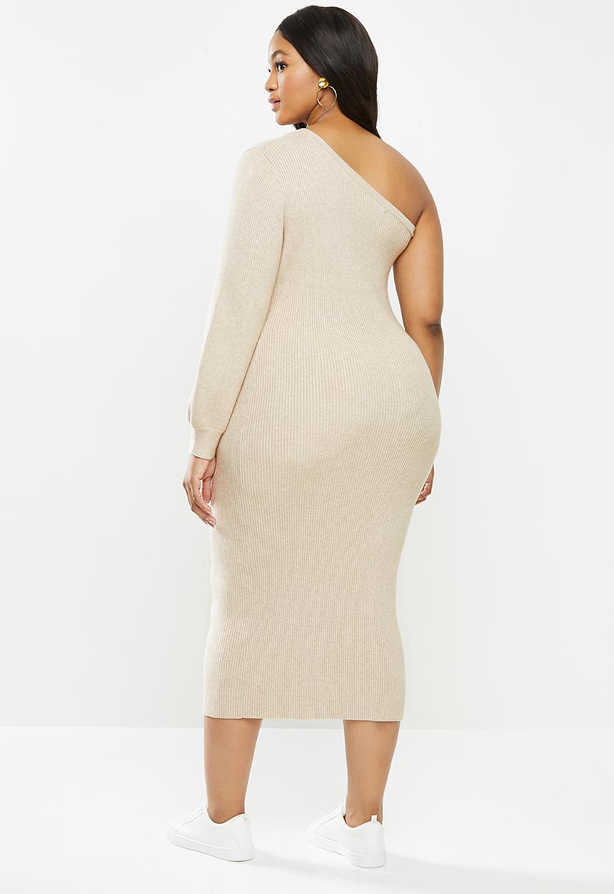 Glamorous - Plus once shoulder midi knit dress- cream