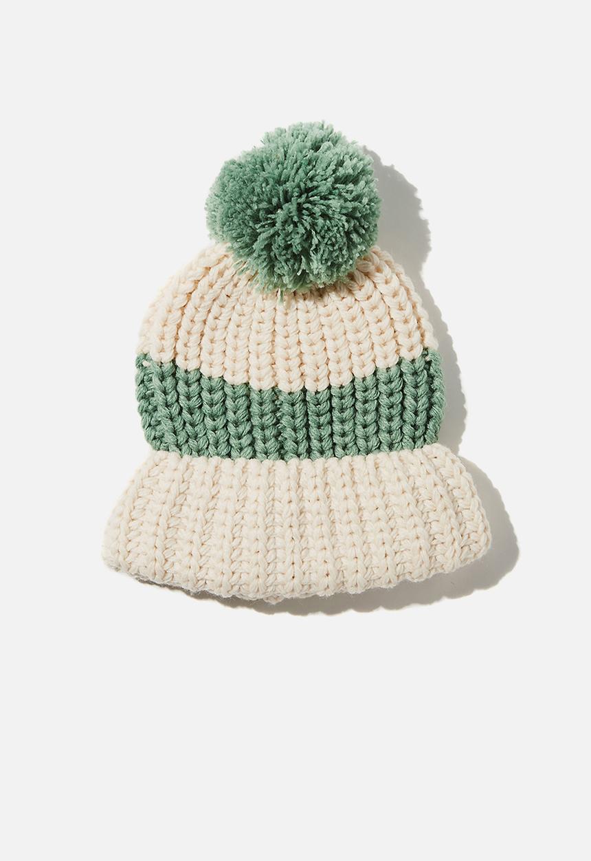 Rubi - Chunky knit pom pom beanie - neutral & green 