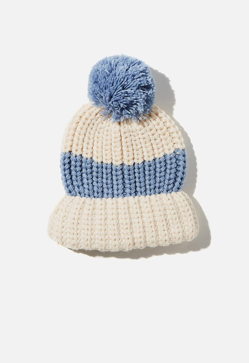 Rubi - Chunky knit pom pom beanie - neutral & blue