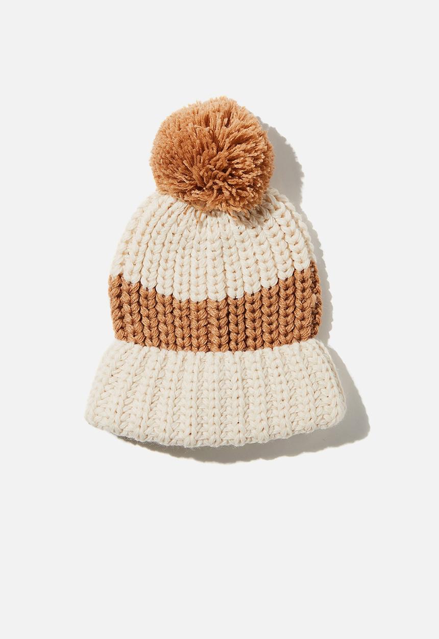 Rubi - Chunky knit pom pom beanie - neutral & brown 