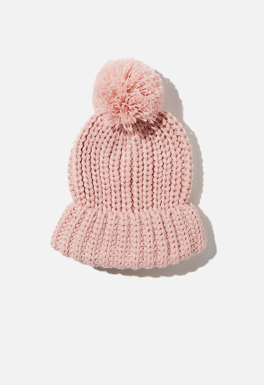 Rubi - Chunky knit pom pom beanie - blush