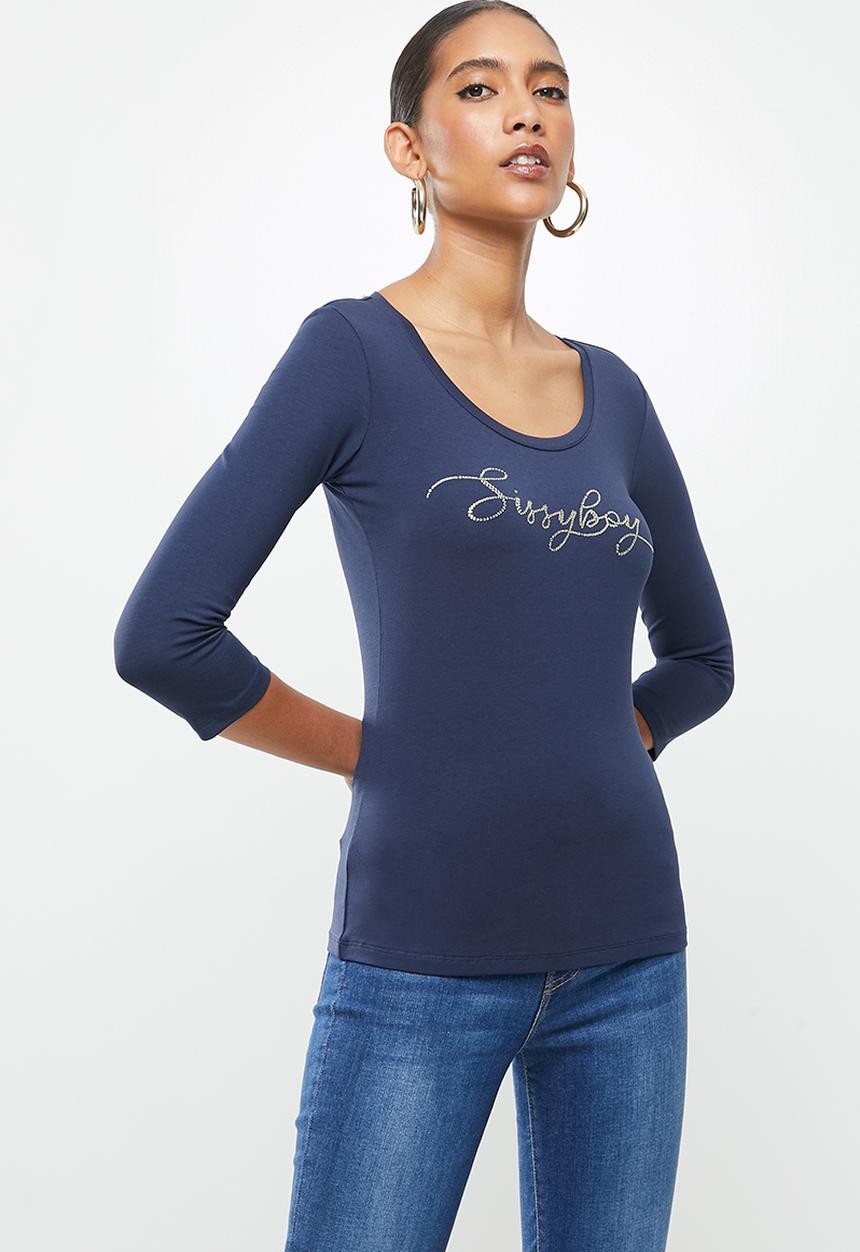 SISSY BOY - Darling dear: transfer bling logo 3/4 sleeve top - navy