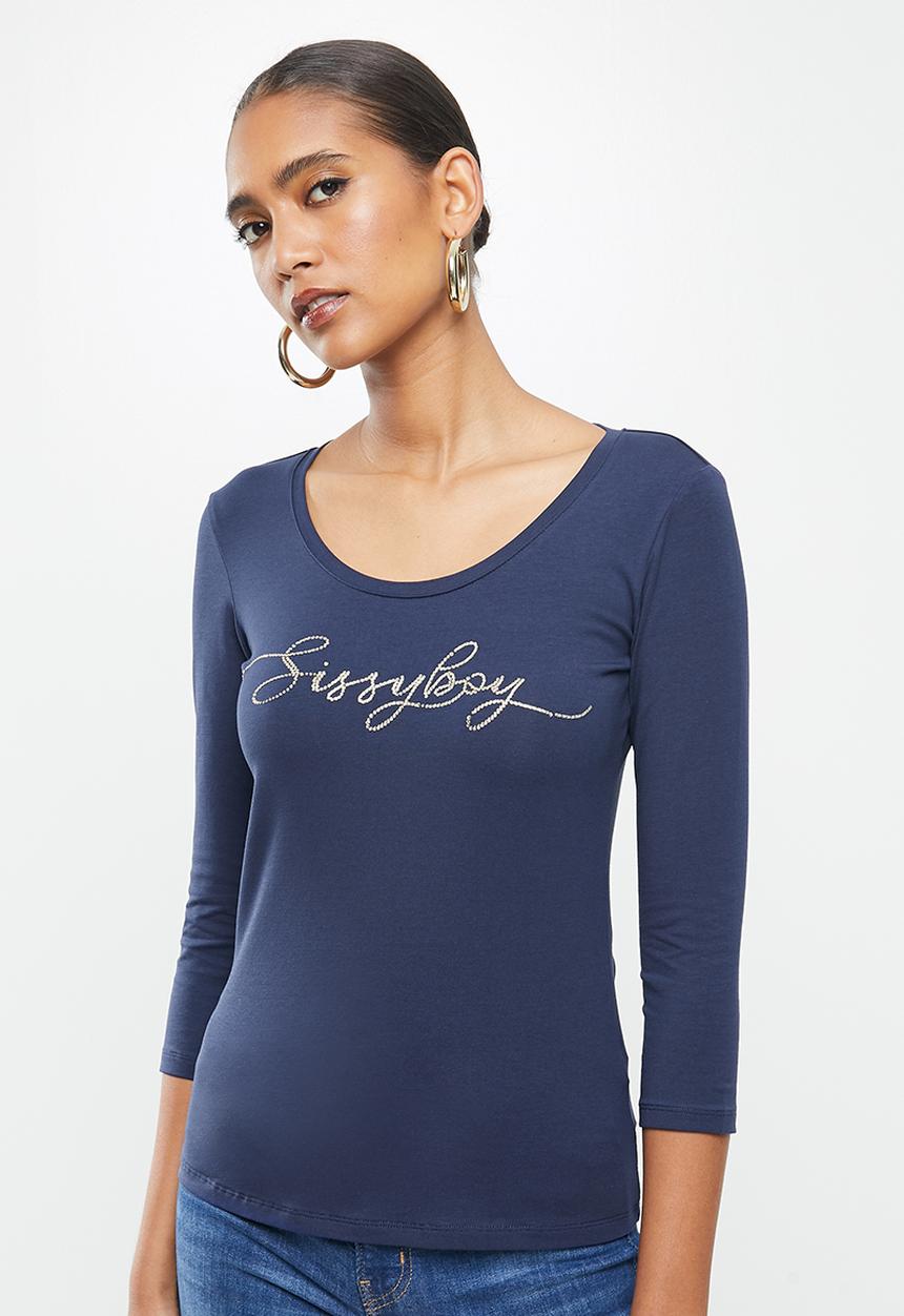 SISSY BOY - Darling dear: transfer bling logo 3/4 sleeve top - navy