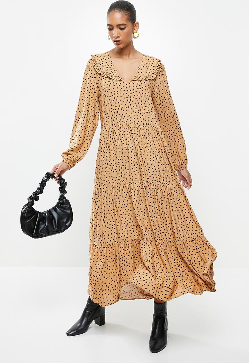 VELVET - Peterpan collar tiered midi dress - black & neutral