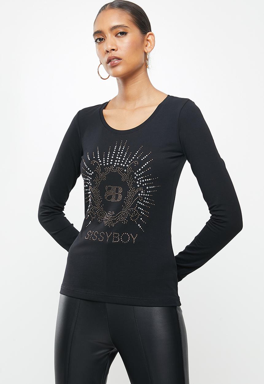 SISSY BOY - Eva: dramatic bling logo top with long sleeves - black