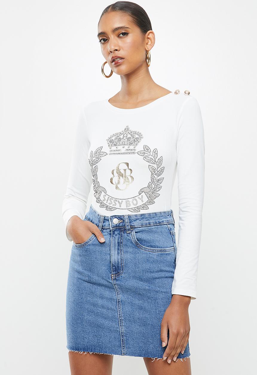 SISSY BOY - Dakota: bling logo long sleeved top with shoulder button detail - off white