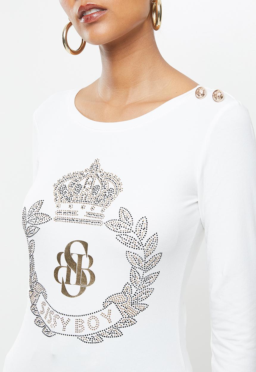 SISSY BOY - Dakota: bling logo long sleeved top with shoulder button detail - off white