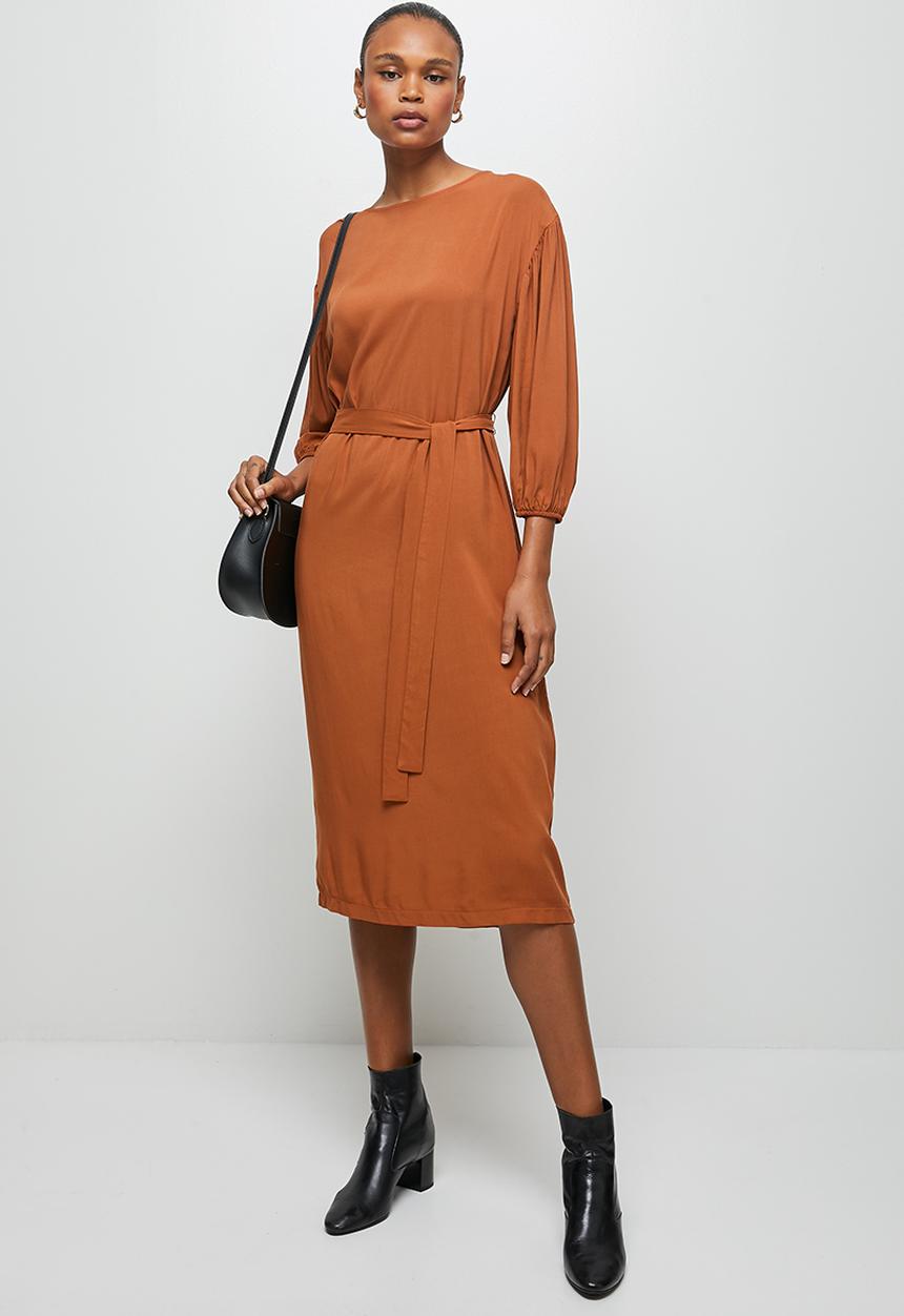 edit - Balloon sleeve belted column dress - brown