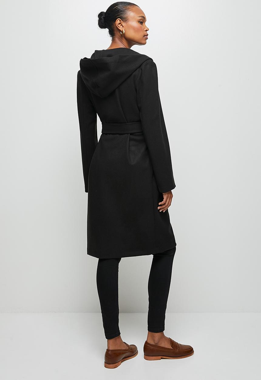 edit - Hooded belted coat - black