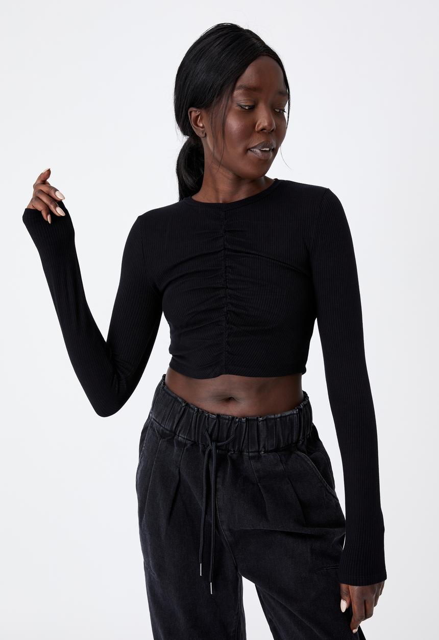 Factorie - Long sleeve cinch front top - black