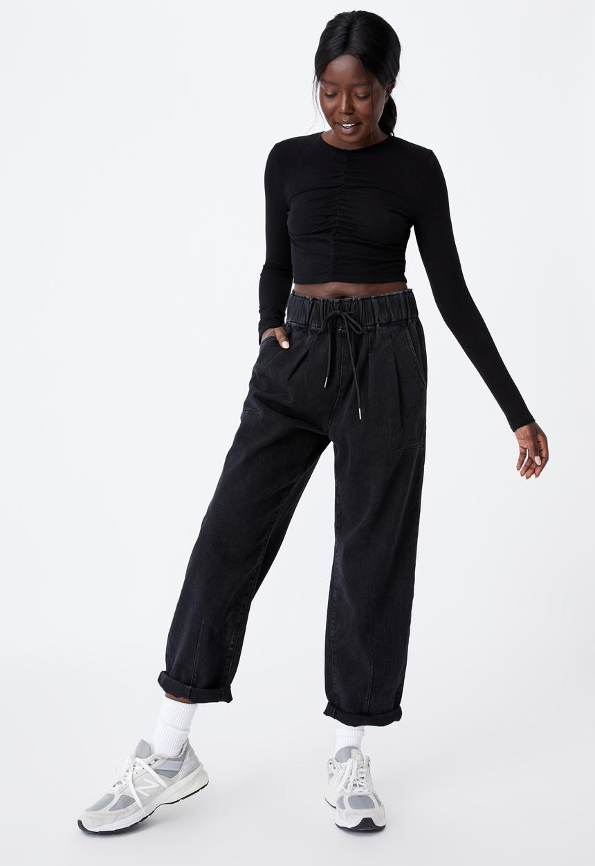Factorie - Long sleeve cinch front top - black