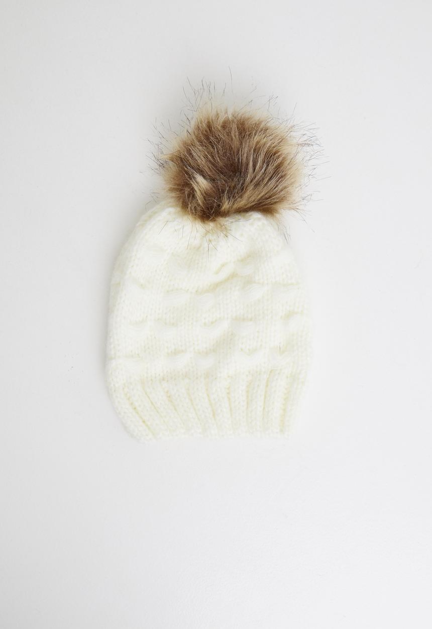 Baby Star - Single faux fur pom pom beanie - cream
