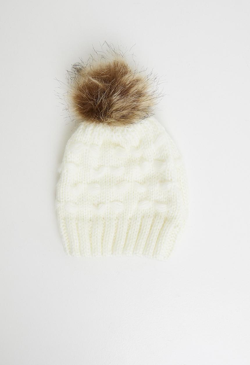 Baby Star - Single faux fur pom pom beanie - cream