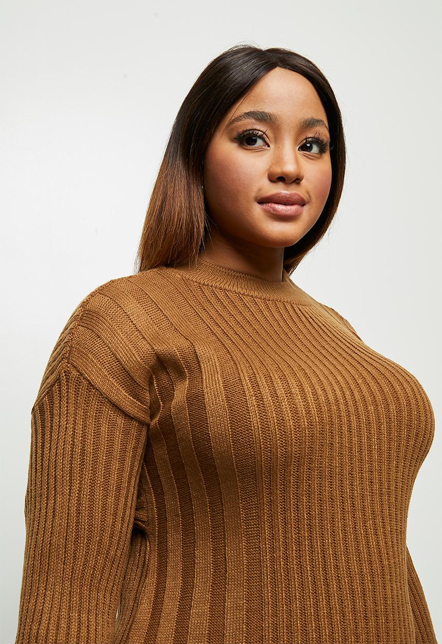 edit Plus - Ribbed tunic dress - brown 