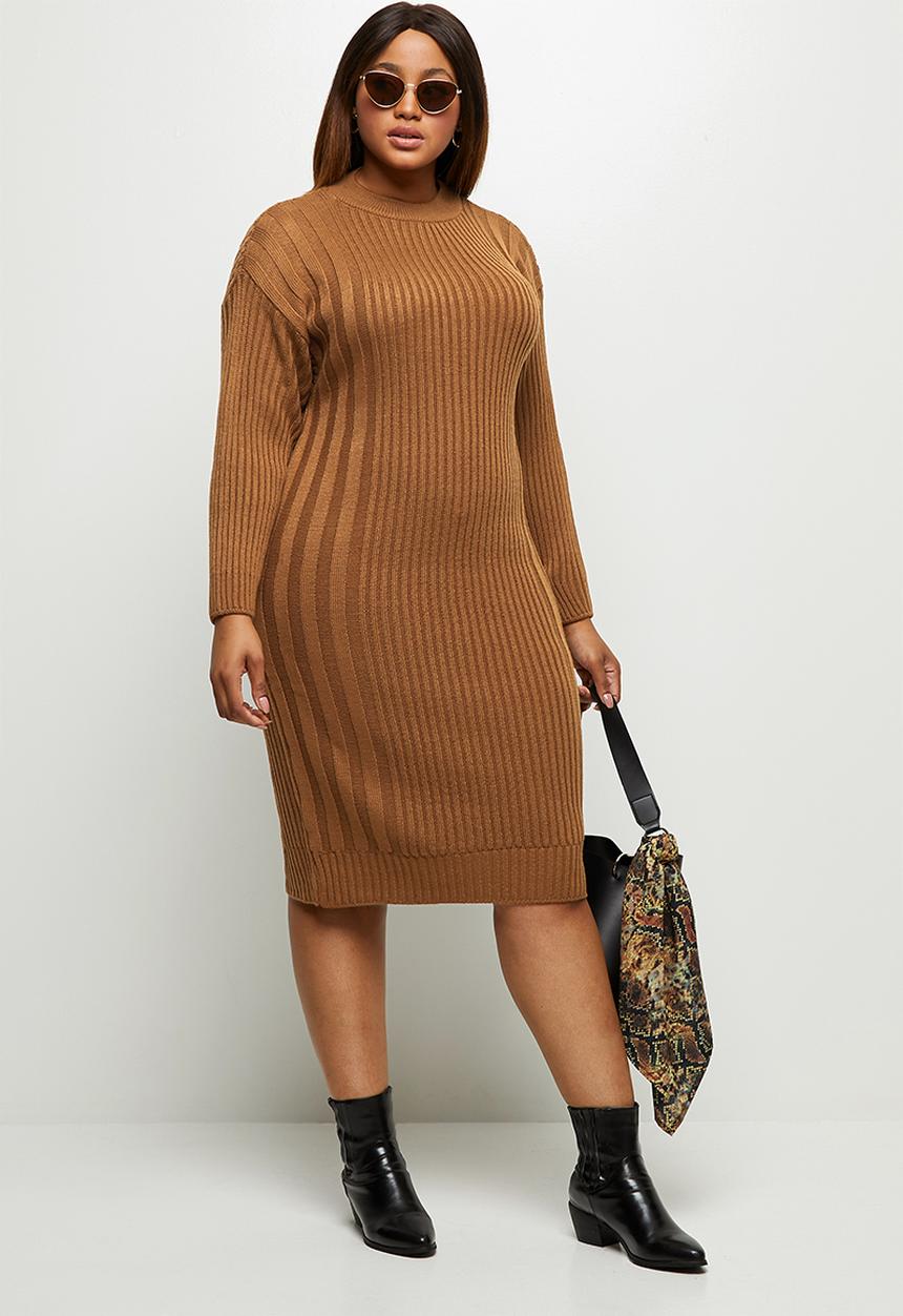 edit Plus - Ribbed tunic dress - brown 