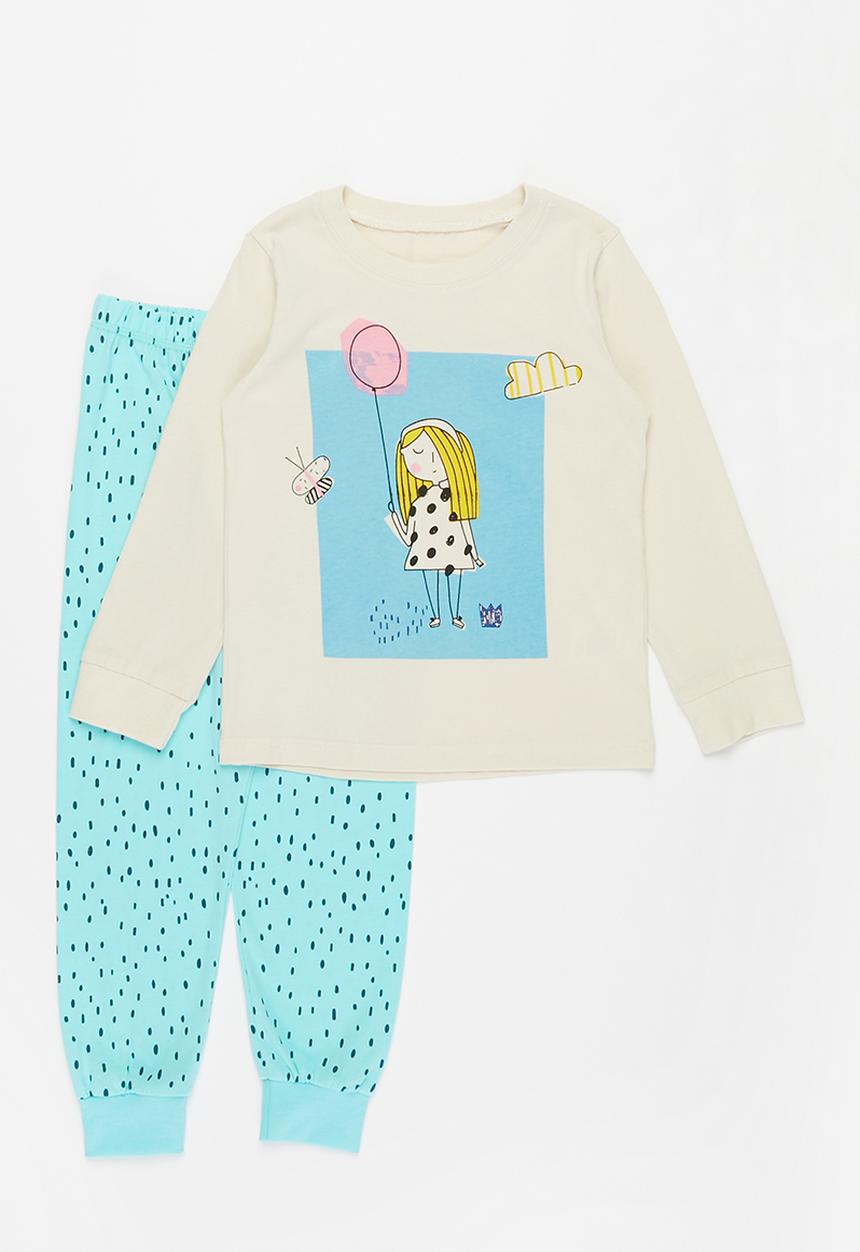 Pop Candy - Girls printed pj set - blue & beige 