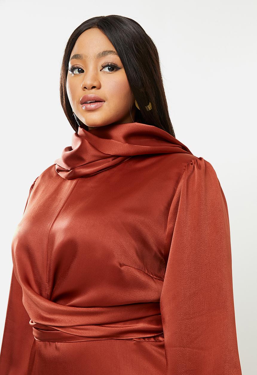 MILLA - Satin wrap front maxi dress with headscarf - red 
