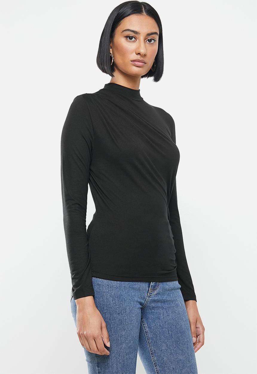 MILLA - Brushed knit turtleneck top with drape - black