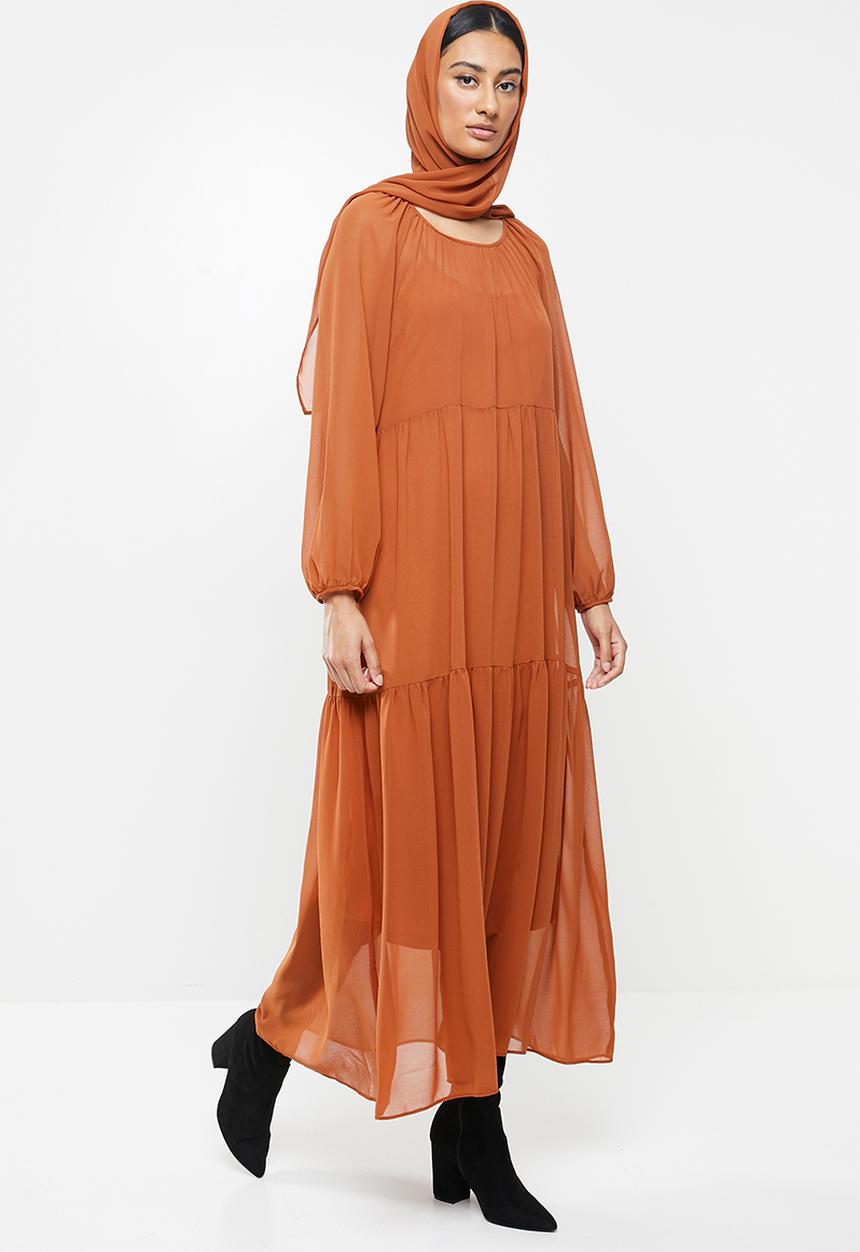 MILLA - Chiffon tiered dress maxi & head scarf - rust