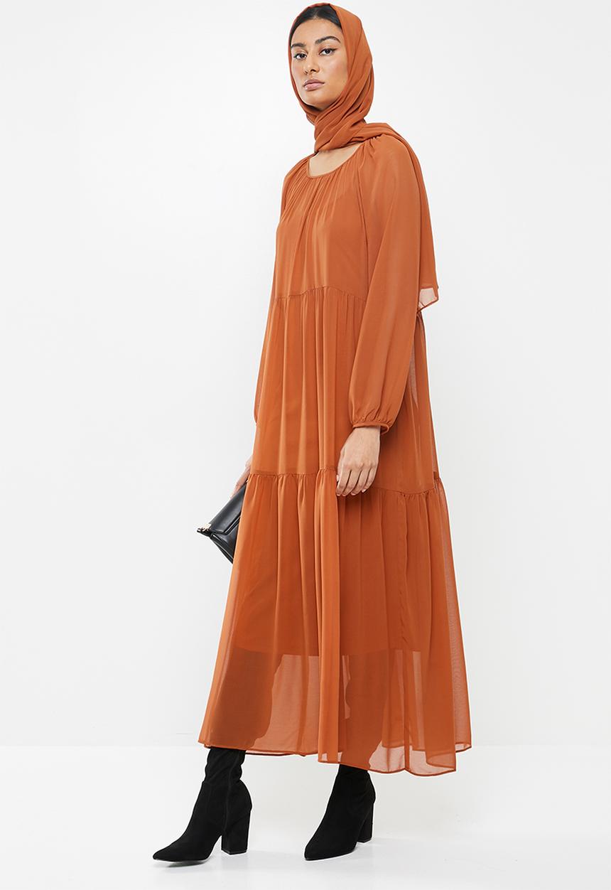 MILLA - Chiffon tiered dress maxi & head scarf - rust