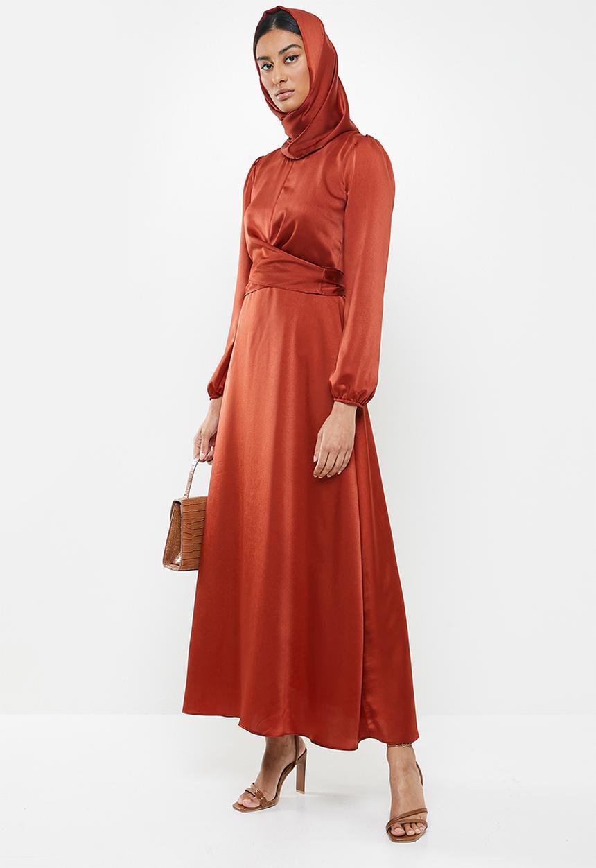 MILLA - Satin wrap front maxi dress & headscarf - red