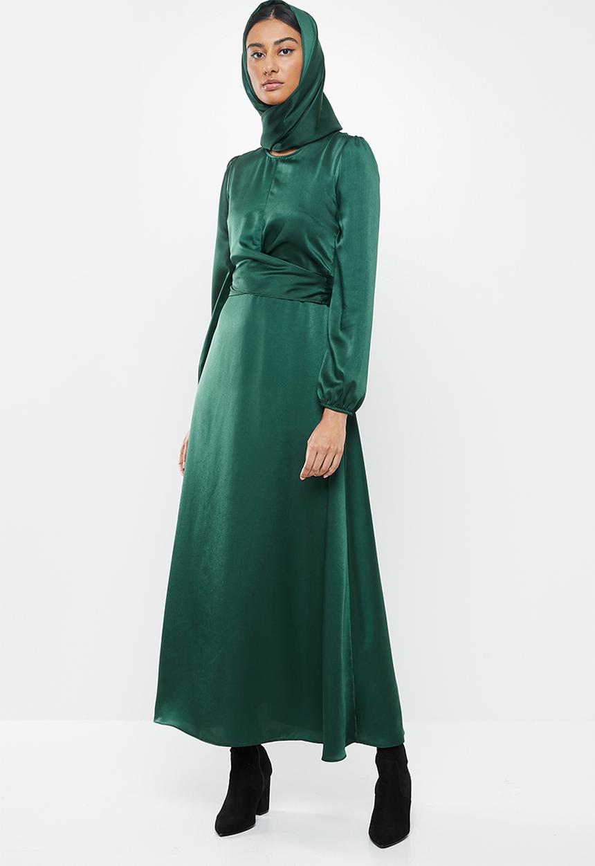 MILLA - Satin wrap front maxi dress & headscarf - green 