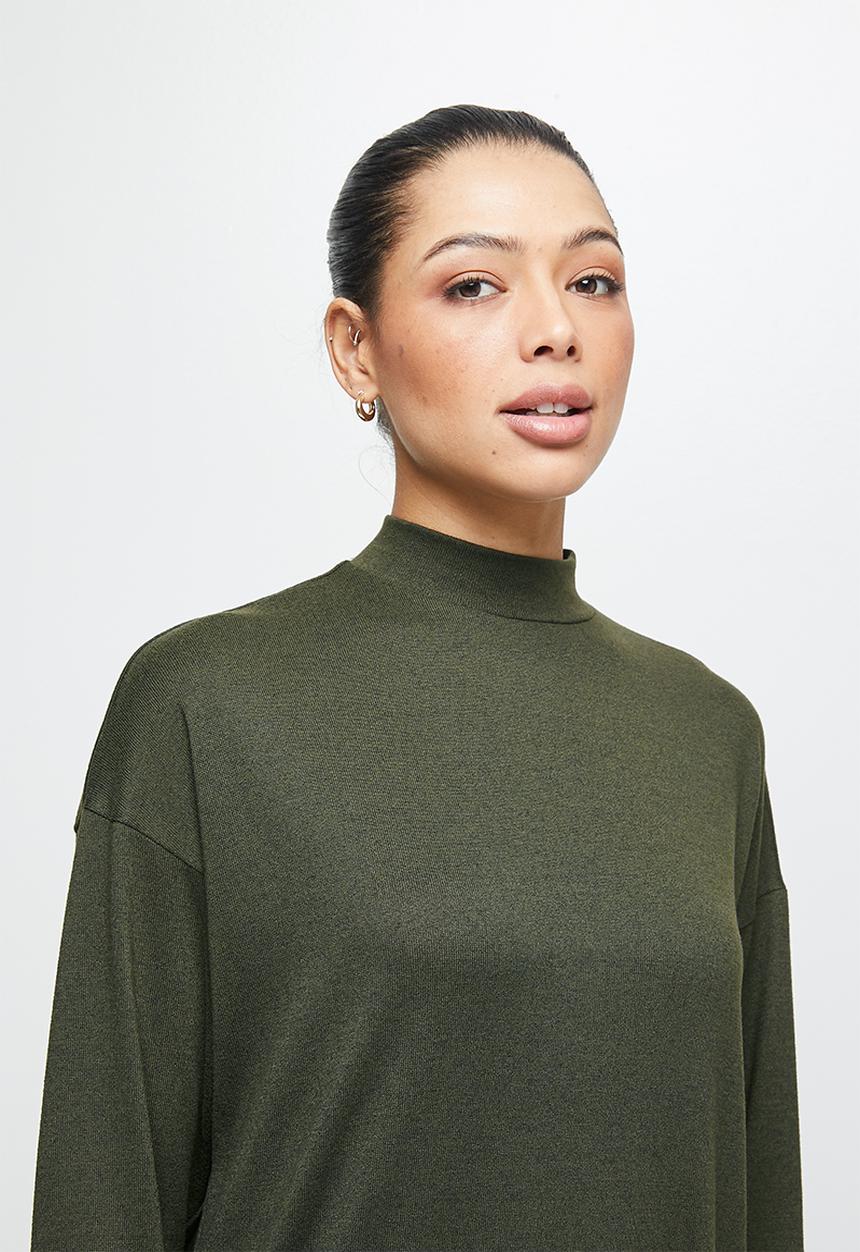 edit - Funnel neck heavy knit collumn dress - khaki