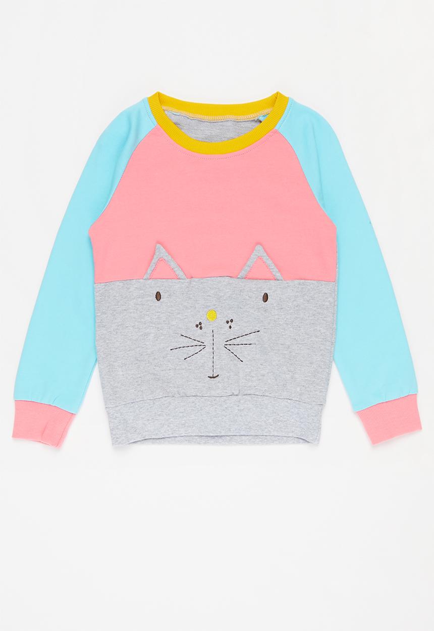 Pop Candy - Girls colour block kitty cat crewneck - multi