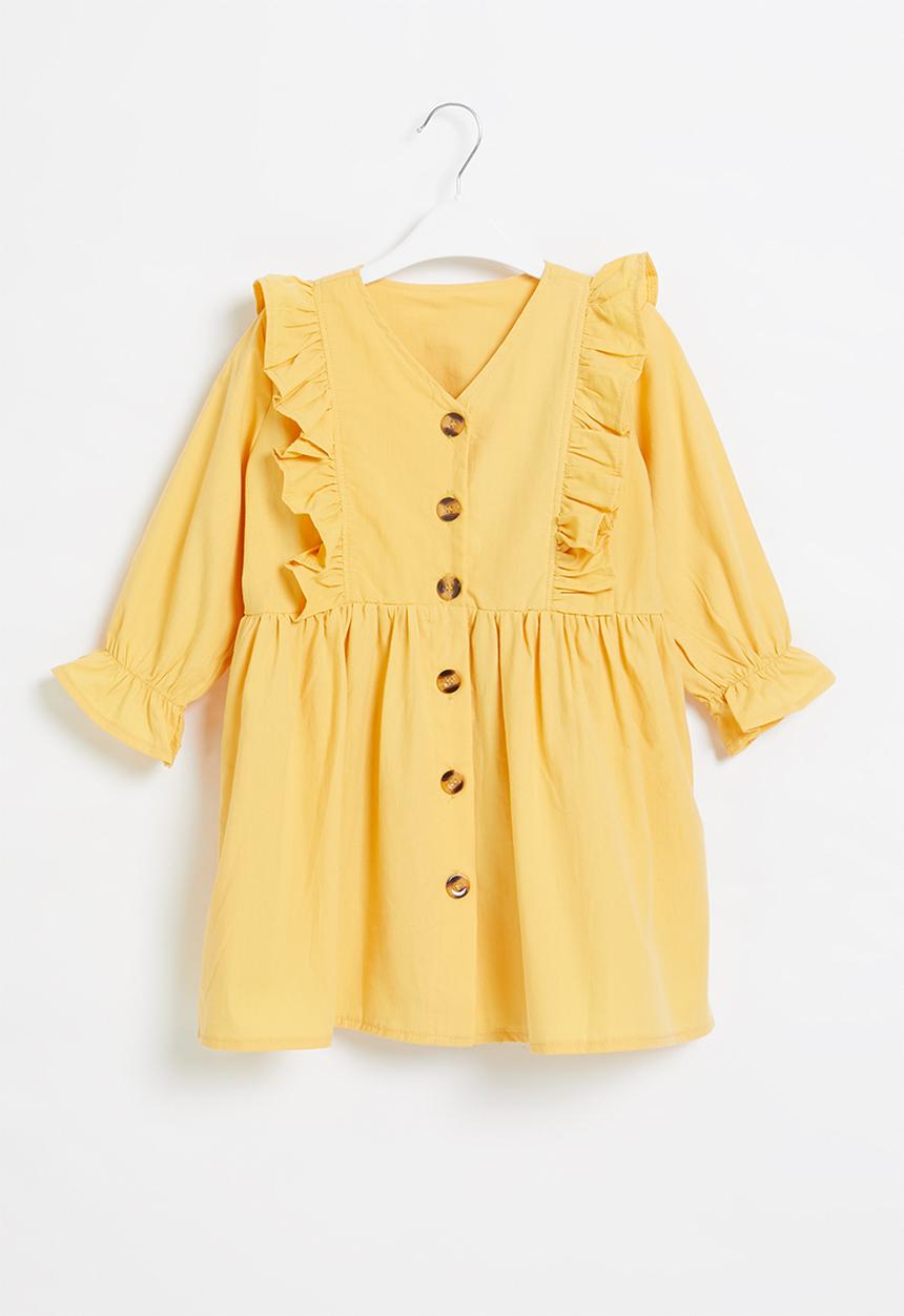 Pop Candy - Girls ruffle dress with buttons - mustard