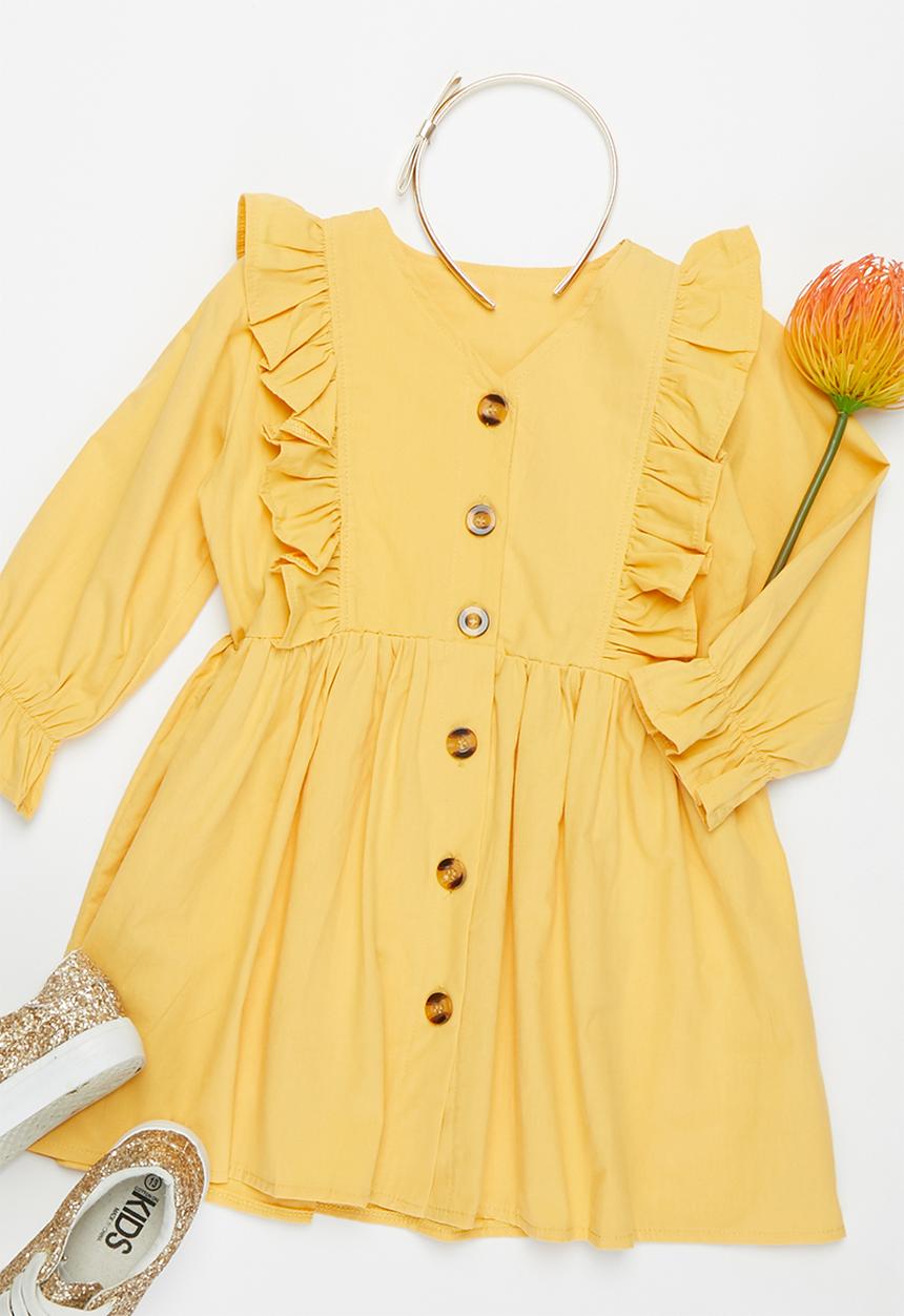 Pop Candy - Girls ruffle dress with buttons - mustard