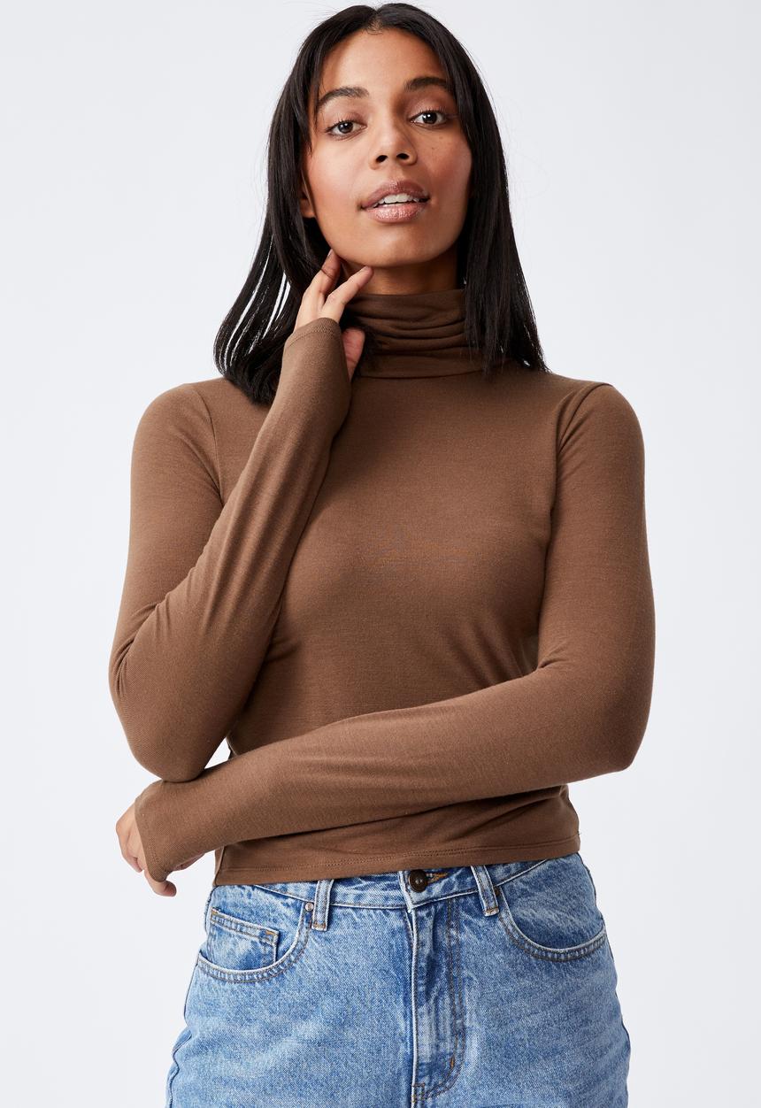 Cotton On - Basic roll neck long sleeve top - brown