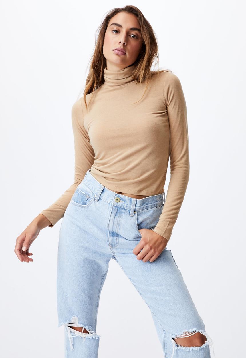 Cotton On - Basic roll neck long sleeve top - caramel brown