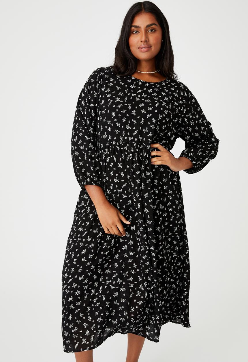 Cotton On - Curve good times babydoll 3/4 sleeve maxi dress - black