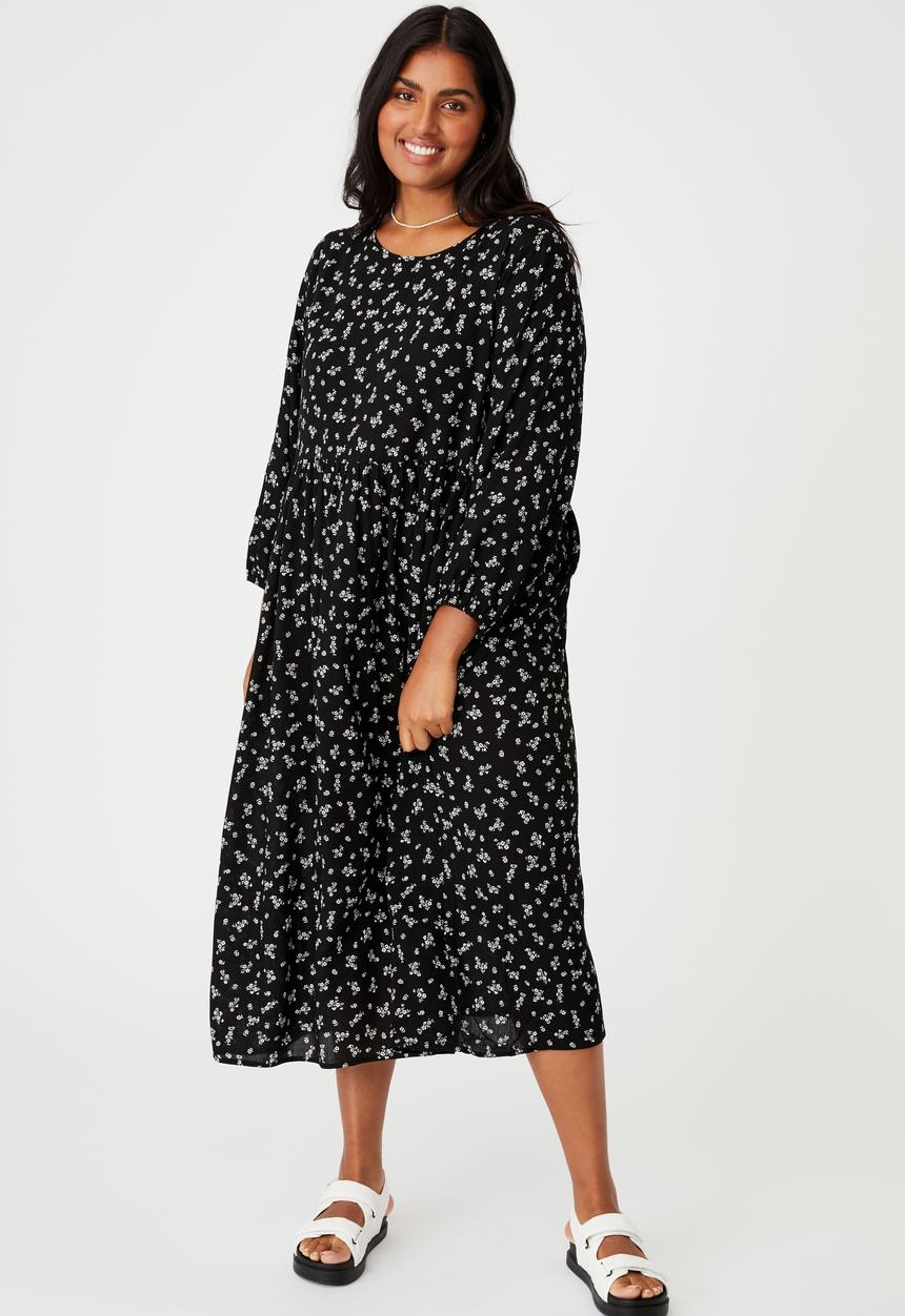 Cotton On - Curve good times babydoll 3/4 sleeve maxi dress - black