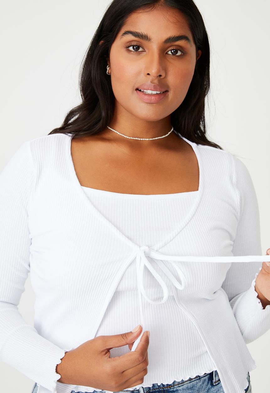 Cotton On - Curve violetta rib cami & cardi twin set - white