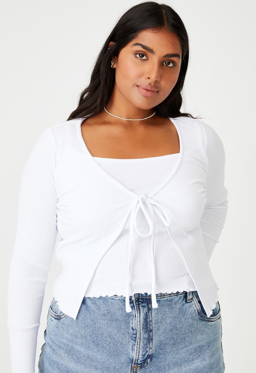 Cotton On - Curve violetta rib cami & cardi twin set - white
