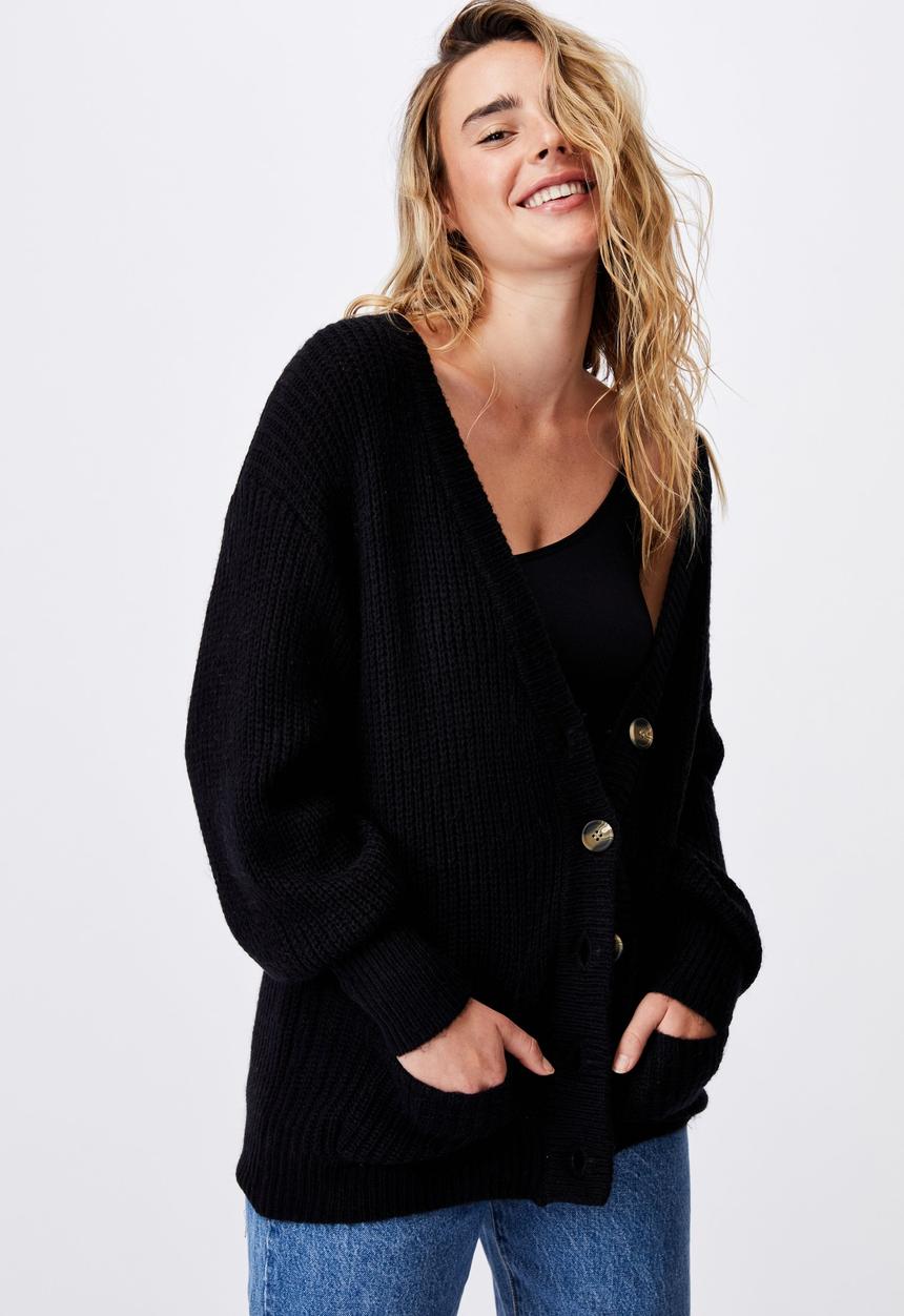 Cotton On - Dad rib cotton blend cardigan - black
