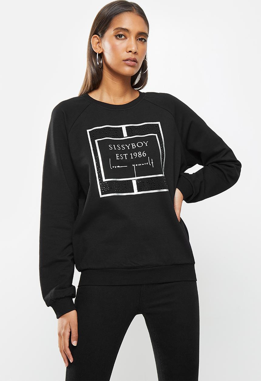 SISSY BOY - Marnie: basic crew neck sweater with mixed bling and foil print logo - black