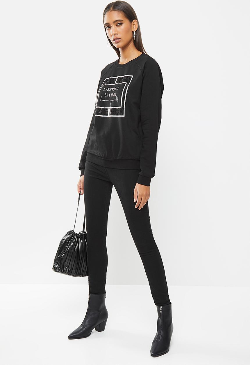 SISSY BOY - Marnie: basic crew neck sweater with mixed bling and foil print logo - black