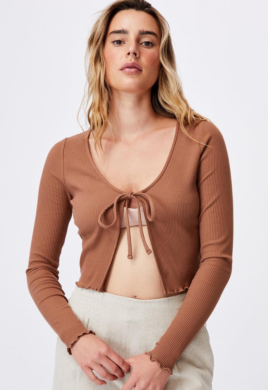Cotton On - Vivvy tie front long sleeve cardi - cocoa bean