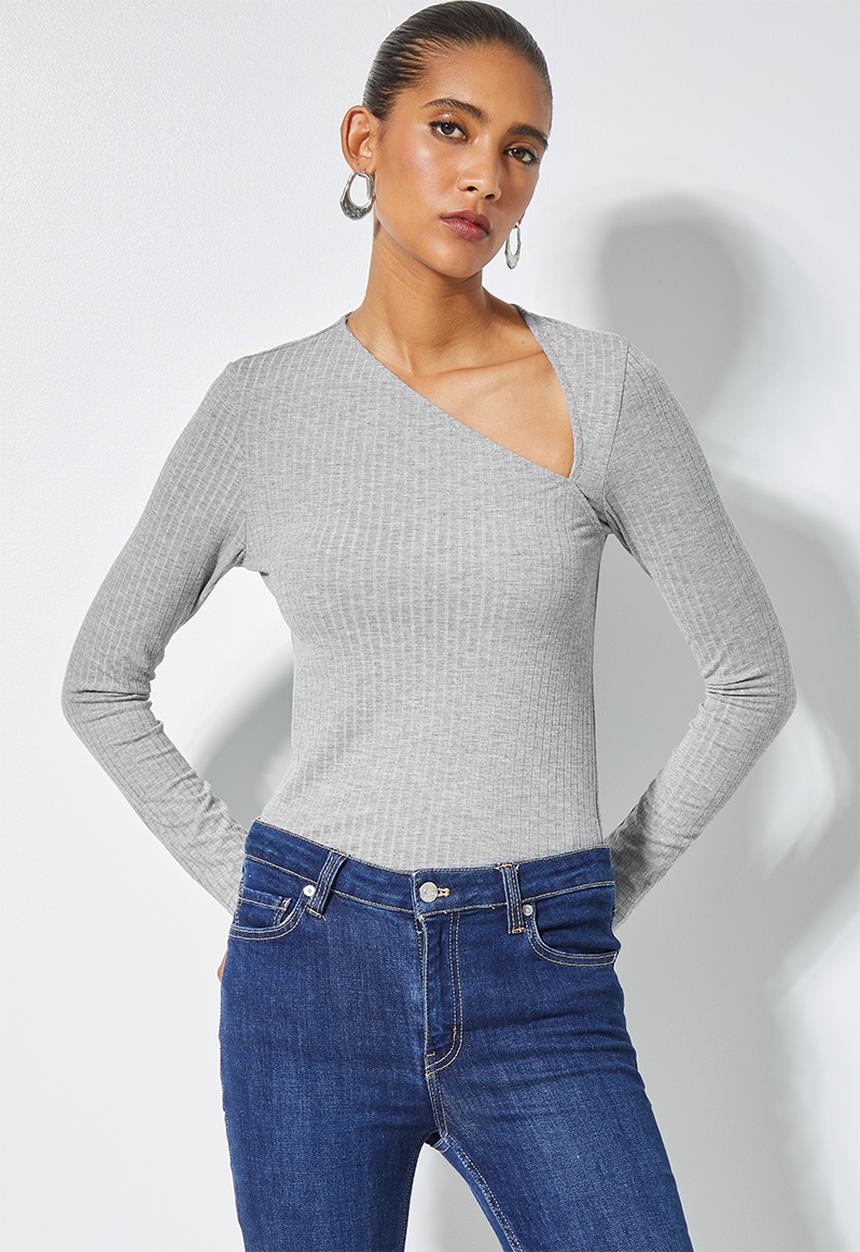 Superbalist -  Rib asymmetric neckline top - grey