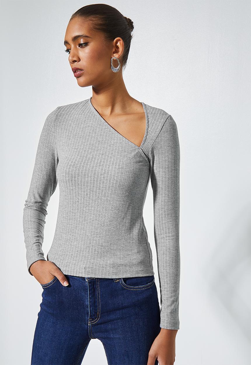 Superbalist -  Rib asymmetric neckline top - grey