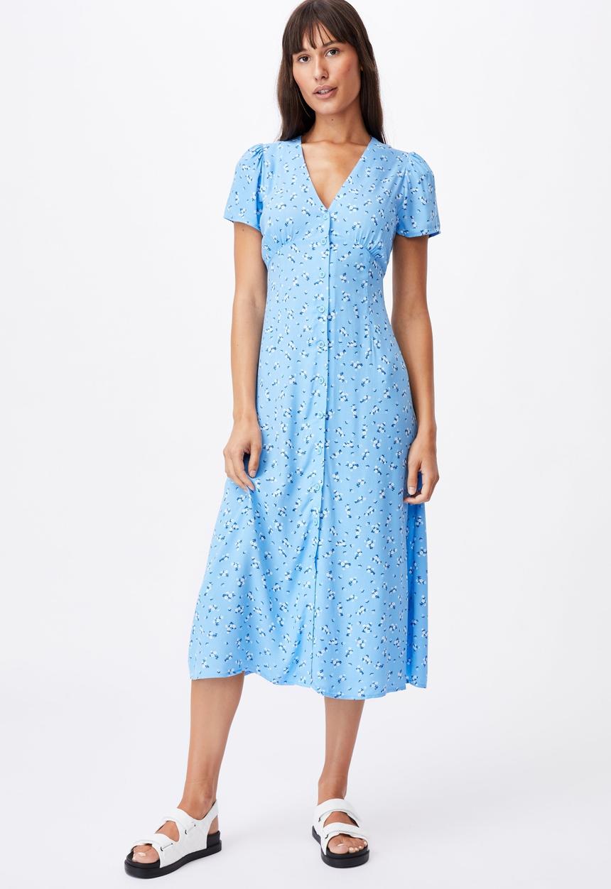 Cotton On - Woven indi short sleeve v-neck button through midi - blue