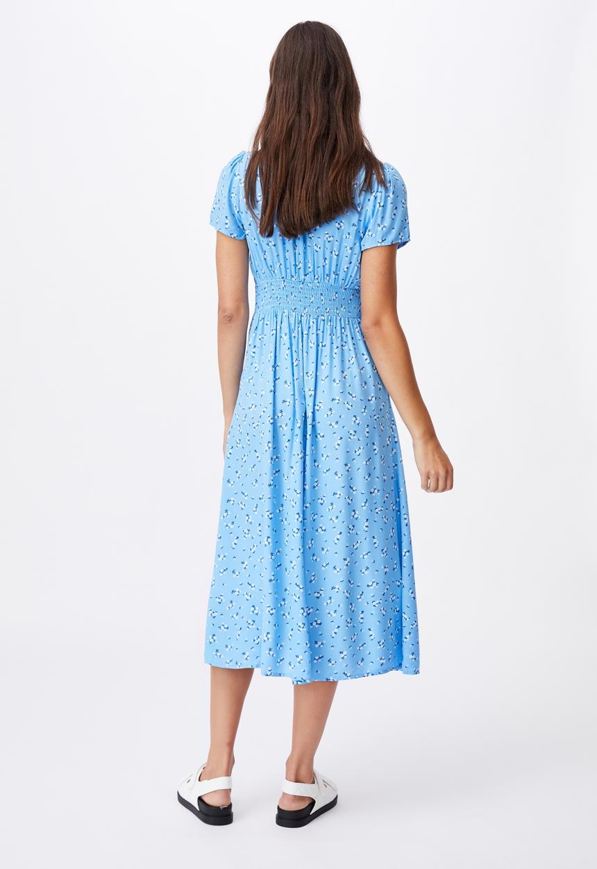 Cotton On - Woven indi short sleeve v-neck button through midi - blue